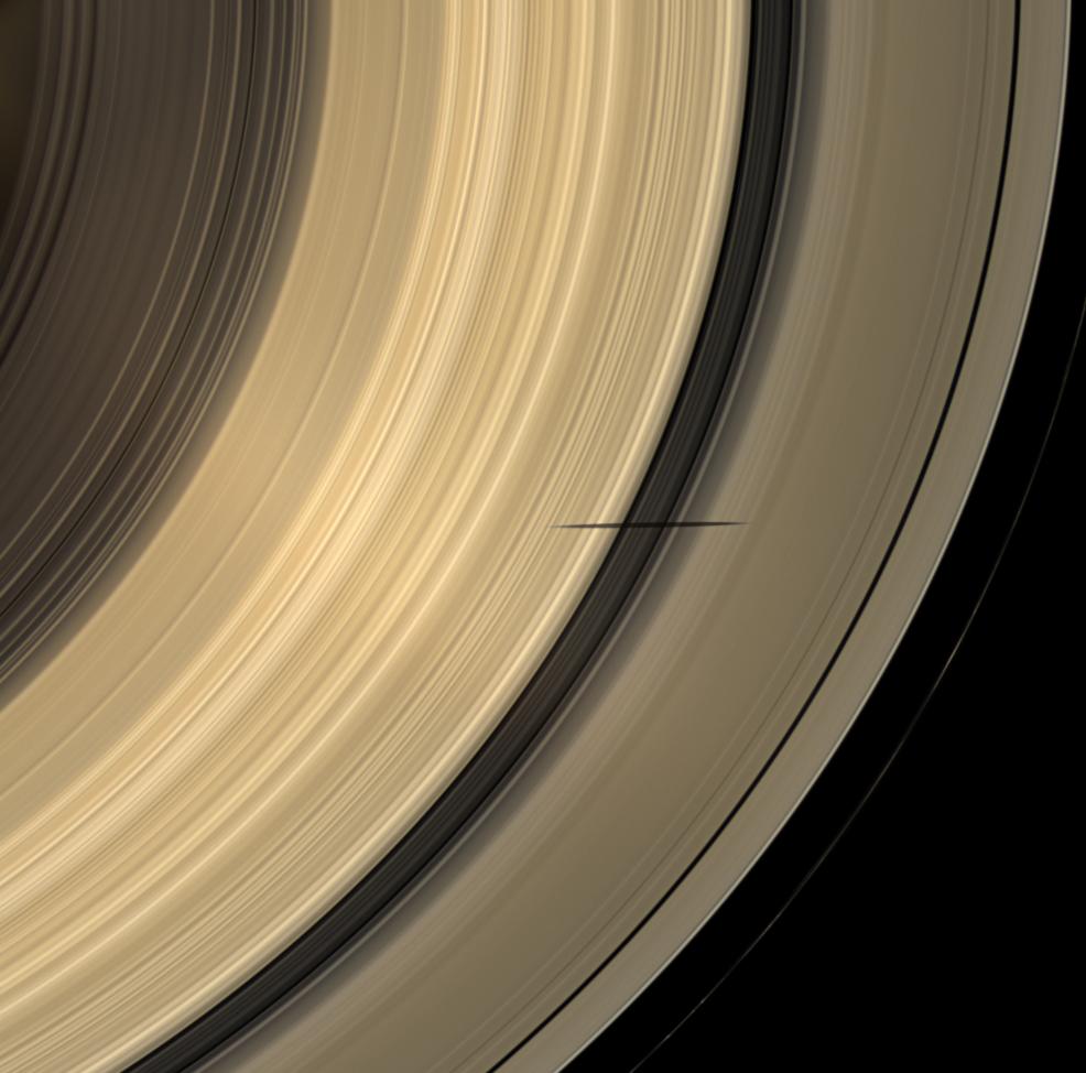 Saturno y sus anillos con la sombra de la luna Mimas, por la sonda Cassini